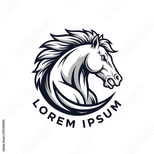A stylized black and white illustration of a mustang horse head in profile, with flowing mane, set within a circular design on a clean white background, conveying an esport logo concept