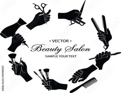 Set of beauty salon hands silhouettes holding professional hair stylist tools makeup brushes scissors blow dryer and flat iron equipment