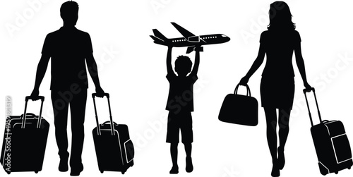 Family traveler silhouettes featuring father and mother walking with suitcases and child playing with toy airplane for international tourism vacation