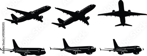 Set of airplane silhouettes in various flight angles including takeoff landing and side views for aviation travel transport and logistics projects