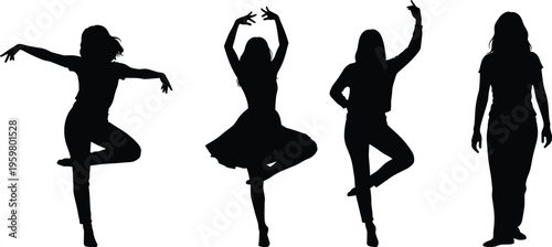 Set of diverse woman silhouettes featuring expressive dance poses modern movement graceful stances and casual standing figures for creative artistic designs