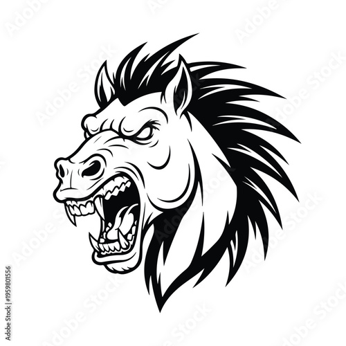A black and white vector illustration of a snarling mustang horse head with a fierce expression, set against a clean white background for esport designs