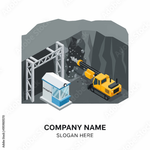Isometric illustration of a mining operation with a drilling machine excavating rock and a control booth at the entrance.
