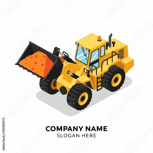 Yellow front loader construction vehicle with a full bucket of orange material, isolated on a white background.