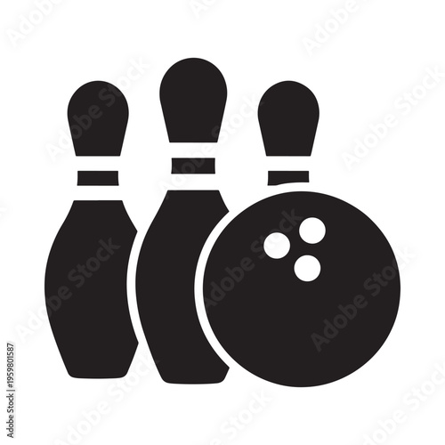 Simple black icon depicting bowling pins and a bowling ball
