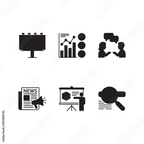 Marketing and communications icon set featuring billboard advertising data analytics public relations news media and market research symbols in professional silhouette style.
