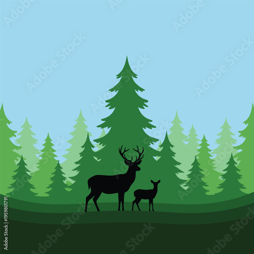 Deer and fawn in forest landscape.
