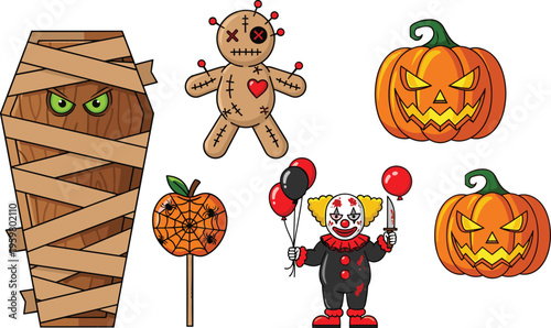 Set of spooky Halloween elements featuring a mummy in coffin voodoo doll scary jack o lantern pumpkins and creepy clown isolated on white background