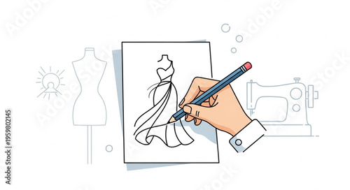 Fashion Design Sketch - Hand Drawing Dress on Paper.