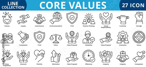 Core values icon set outline style icon set collection vector illustration