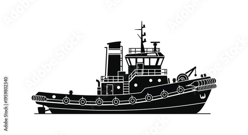 Detailed black tugboat illustration with strong lines a striking silhouette