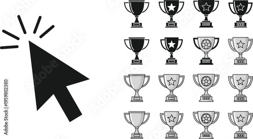 Black computer mouse cursor arrow click icon with a comprehensive collection of trophy cup award symbols for digital success and gaming achievements.