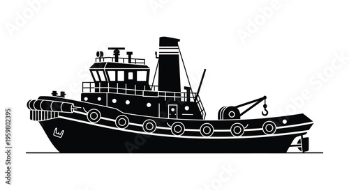 Detailed black silhouette of a tugboat on calm waters silhouette
