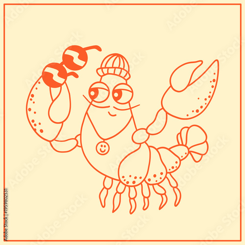 Friendly lobster character in a fun cartoon style. Ideal for stickers, kids' designs, summer themes, posters, and creative packaging.