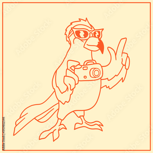 Funny bird character with a camera in a playful cartoon style. Great for stickers, kids' design, posters, social media graphics, and creative branding.