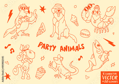 Set of playful animal characters, including a bird, a dog, a lobster, a horse, a lizard, and a fish, drawn in a fun cartoon style. Perfect for posters, stickers, packaging, and party-themed graphics.