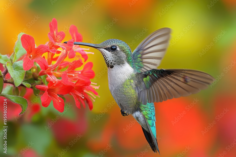 Fototapeta premium Hummingbird in flight over a flower.