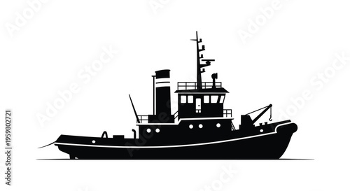 Black silhouette of a vintage tugboat on a white background silhouette