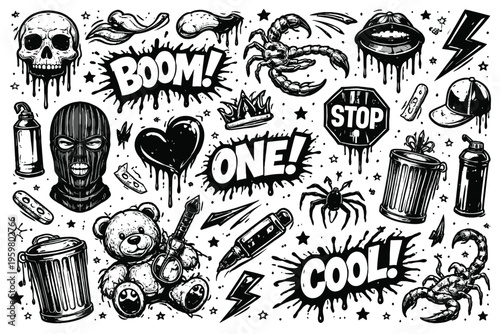 A vintage collection of hand drawn vector illustrations and doodle icons featuring a sketch art design of food, music, school, and flower symbols