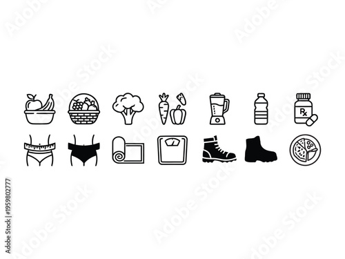 Healthy Lifestyle and Nutrition Icon Set with Fruit Basket Vegetables and Vitamins.