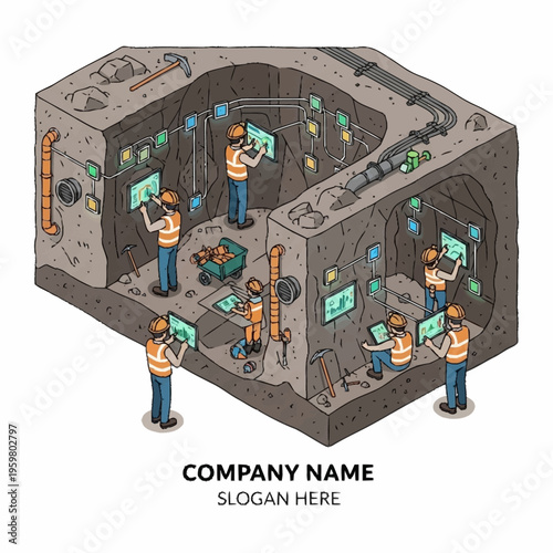 Isometric illustration of a cryptocurrency mining operation deep underground with workers monitoring computer screens and equipment.