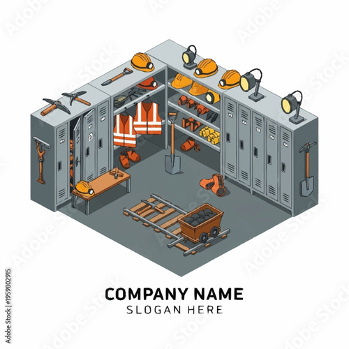Isometric view of a mining locker room with safety equipment, tools, and a mine cart.