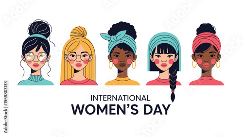 Diverse group of women from different cultures and ethnicities celebrating international womens day in a flat vector style.