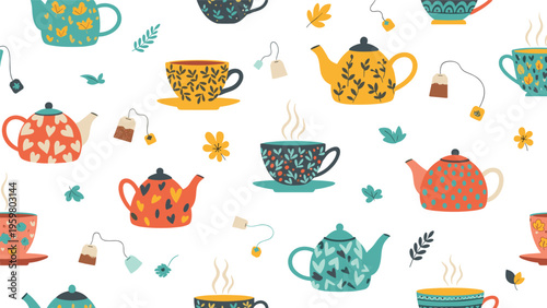 Seamless pattern design featuring various decorative teapots cups and tea bags with autumn leaves on a white background.