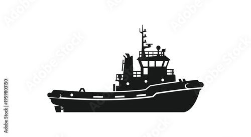 Detailed black tugboat illustration with prominent features a striking silhouette