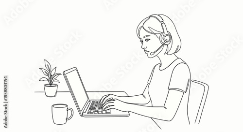 A beautiful young blonde businesswoman smiles while sitting at home working on her laptop computer, using technology and the internet for business communication and education