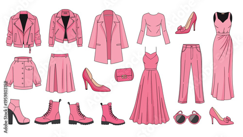 Extensive collection of fashionable pink clothing items and stylish accessories including coats dresses and shoes for women.