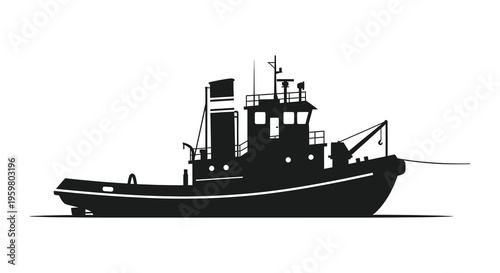Detailed black silhouette of a working harbor tugboat