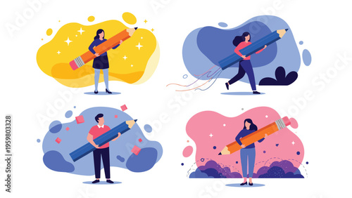 People holding giant colorful pencils while standing against vibrant abstract shapes to represent creativity and education.