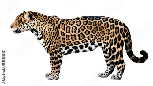 Elegant wild jaguar with distinctive rosette spots standing poised, powerful big cat.