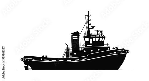 Black silhouette of a tugboat against a white background silhouette
