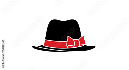 Black hat with red bow tie.