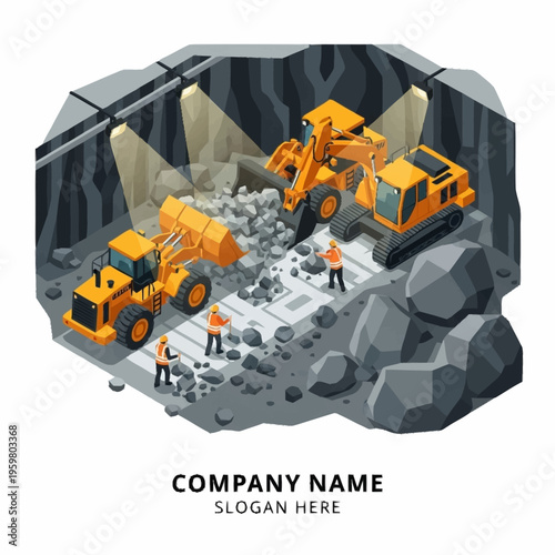 Construction site with heavy machinery and workers excavating rocks in a mine tunnel.
