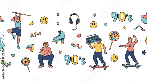 Seamless horizontal border with various nostalgic 90s lifestyle items like roller skates boomboxes and colorful characters.