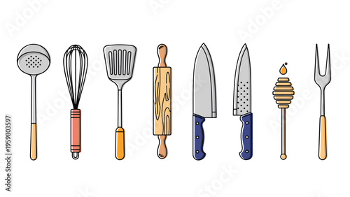Collection of essential kitchen utensils including knives a whisk a rolling pin and a honey dipper isolated on white background.
