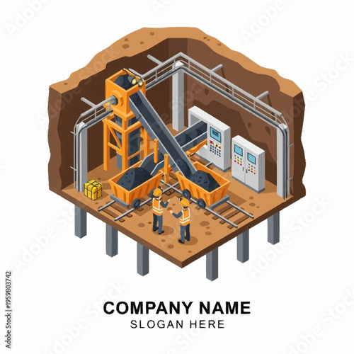Isometric illustration of an underground mining operation with conveyor belts, coal carts, and workers.