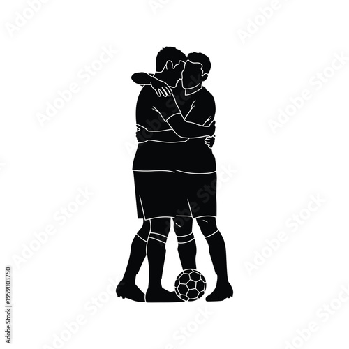 Soccer players hugging silhouette vector, emotional sports celebration illustration