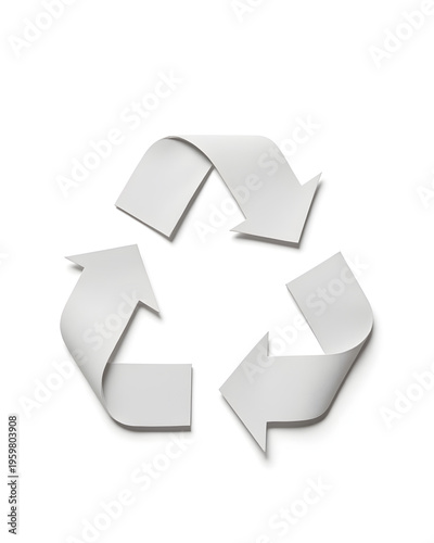 Recycling symbol made of paper sheets on white background, sustainability