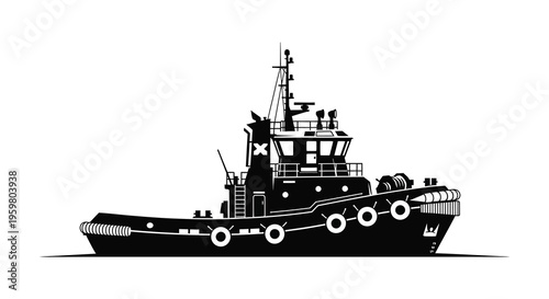 Detailed black silhouette of a tugboat on a white background silhouette