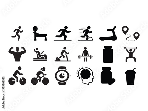 Set of fitness and gym line icons including running, weightlifting, cycling, and healthy lifestyle symbols 
