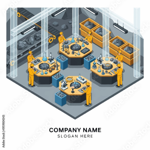 Isometric illustration of a mining laboratory with scientists analyzing ore samples under microscopes and on laboratory tables.