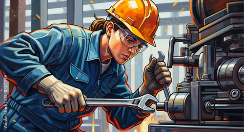 Focused Female Mechanic Repairing Machinery with Wrenches.