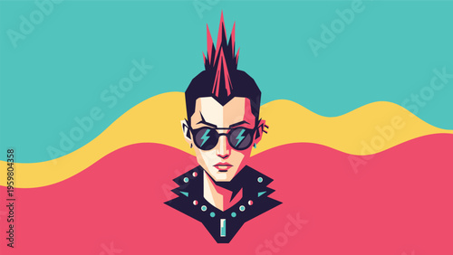 Stylish pixel art character featuring a bold mohawk hairstyle and sunglasses wearing a studded jacket against a wavy background.