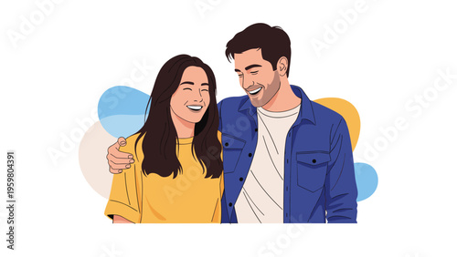 Joyful young man and woman sharing a laugh while embracing each other affectionately in a clean flat illustration style.