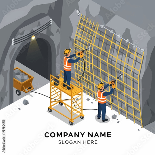 Construction workers reinforcing a mine wall with netting and drilling equipment, with a mine cart visible in the background.