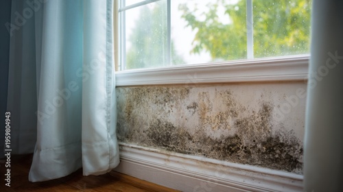 Mold growth at the corner of a window in a residential room indicates moisture issues and potential damage in the home
